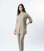 Light mocha shawl collar shirt with curved sleeves