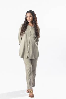 Light mocha pleated band collar shirt 1