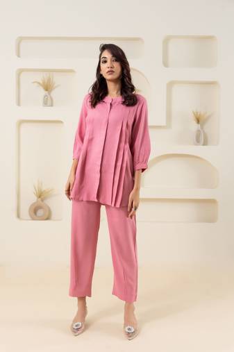 Pink pleated flared solid top