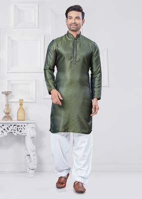 Mehendi jecquard silk pathani suits for mens wear 1