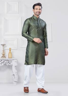 Mehendi jecquard silk pathani suits for mens wear 3