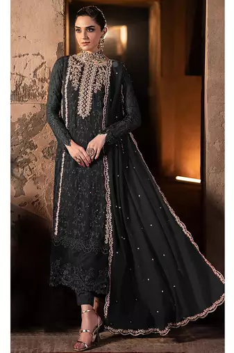 fancy long black georgette pakistani straight suit for women