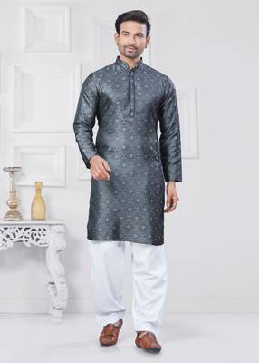 Grey jecquard silk pathani suits for mens wear 1