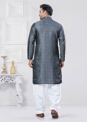 Grey jecquard silk pathani suits for mens wear 2