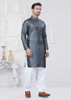 Grey jecquard silk pathani suits for mens wear 3