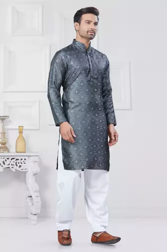 Grey jecquard silk pathani suits for mens wear