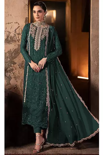fancy long rama green georgette pakistani straight suit for women
