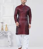Maroon jecquard silk pathani suits for mens wear