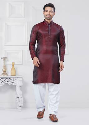 Maroon jecquard silk pathani suits for mens wear 2