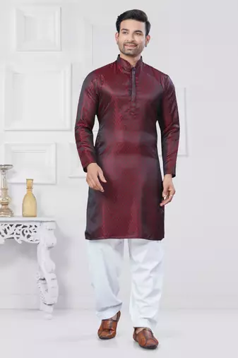 Maroon jecquard silk pathani suits for mens wear