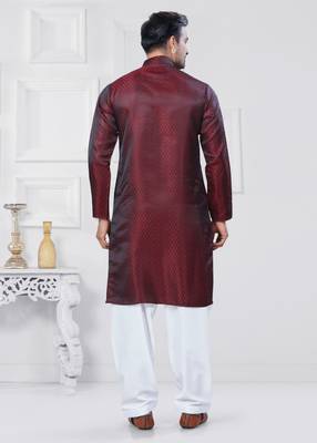 Maroon jecquard silk pathani suits for mens wear 3