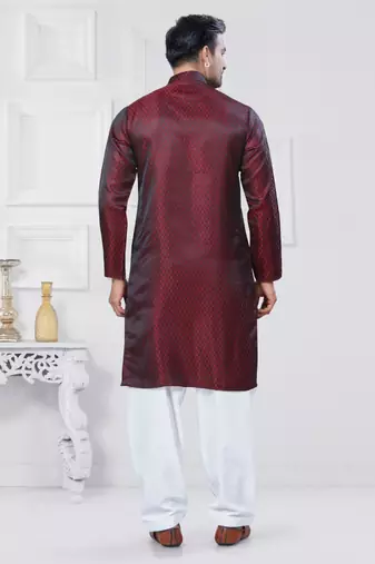 Maroon jecquard silk pathani suits for mens wear