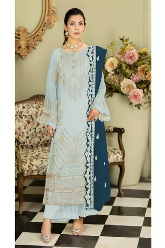 sky blue georgette knee length pakistani straight suit for women
