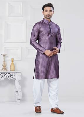 Purple jecquard silk pathani suits for mens wear 3