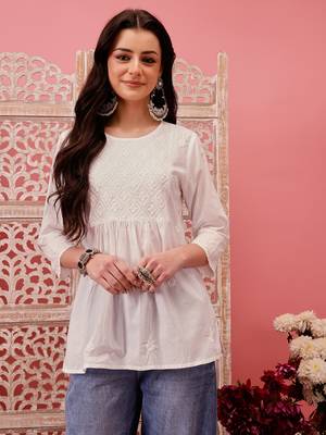 Hand embroidered white cotton lucknowi chikankari short kurti 1