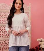 Hand embroidered white cotton lucknowi chikankari short kurti