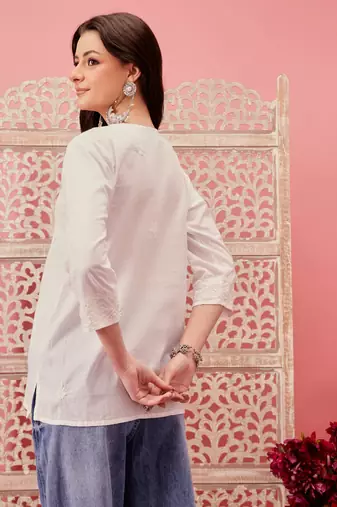 Hand embroidered white cotton lucknowi chikankari short kurti
