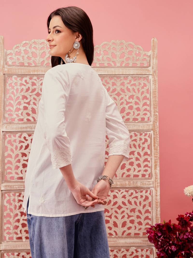 Hand embroidered white cotton lucknowi chikankari short kurti