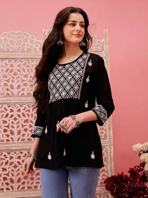 Hand embroidered black cotton lucknowi chikankari straight kurti 1
