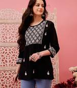 Hand embroidered black cotton lucknowi chikankari straight kurti
