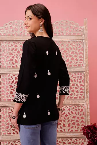 Hand embroidered black cotton lucknowi chikankari straight kurti
