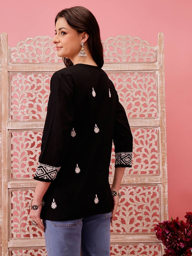Hand embroidered black cotton lucknowi chikankari straight kurti