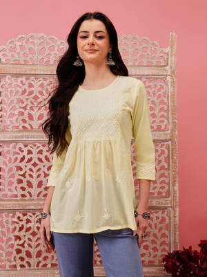 Hand embroidered lemon cotton lucknowi chikankari short kurti 1