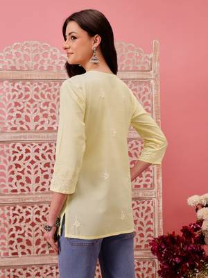 Hand embroidered lemon cotton lucknowi chikankari short kurti 2