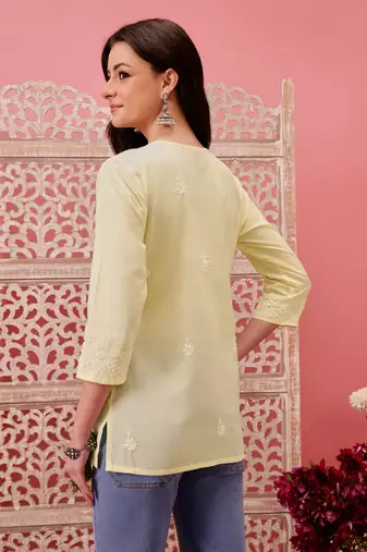 Hand embroidered lemon cotton lucknowi chikankari short kurti