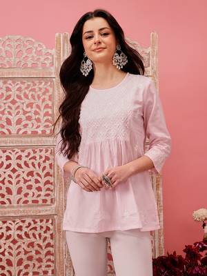 Hand embroidered baby pink cotton lucknowi chikankari short kurti 1