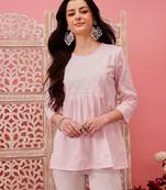 Hand embroidered baby pink cotton lucknowi chikankari short kurti