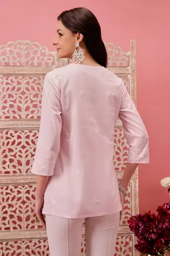 Hand embroidered baby pink cotton lucknowi chikankari short kurti