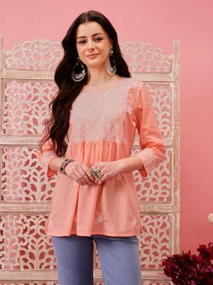 Hand embroidered peach cotton lucknowi chikankari short kurti 1