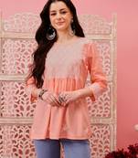 Hand embroidered peach cotton lucknowi chikankari short kurti