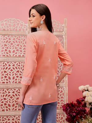 Hand embroidered peach cotton lucknowi chikankari short kurti 2