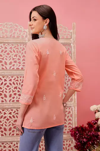 Hand embroidered peach cotton lucknowi chikankari short kurti