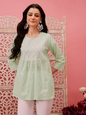 Hand embroidered green cotton lucknowi chikankari short kurti 1