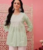 Hand embroidered green cotton lucknowi chikankari short kurti