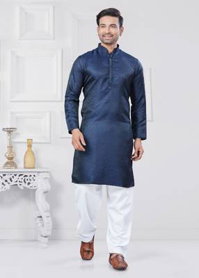 Navy blue jacquard silk pathani suits for mens wear 1