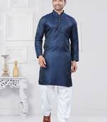 Navy blue jacquard silk pathani suits for mens wear