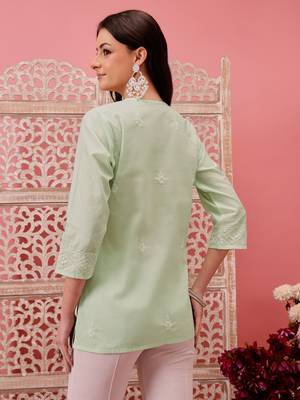 Hand embroidered green cotton lucknowi chikankari short kurti 2