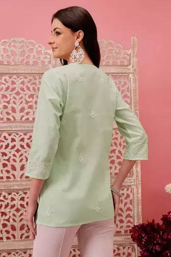 Hand embroidered green cotton lucknowi chikankari short kurti