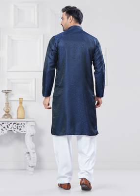 Navy blue jacquard silk pathani suits for mens wear 3