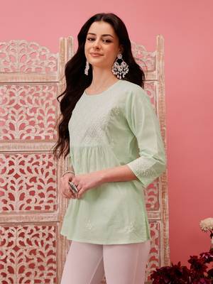 Hand embroidered green cotton lucknowi chikankari short kurti 3