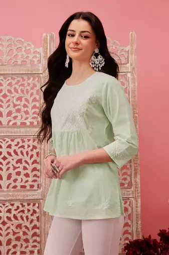 Hand embroidered green cotton lucknowi chikankari short kurti