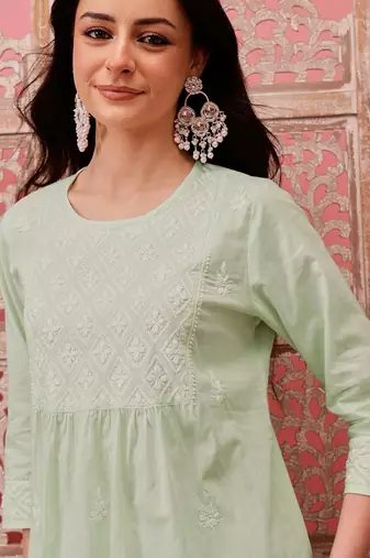 Hand embroidered green cotton lucknowi chikankari short kurti