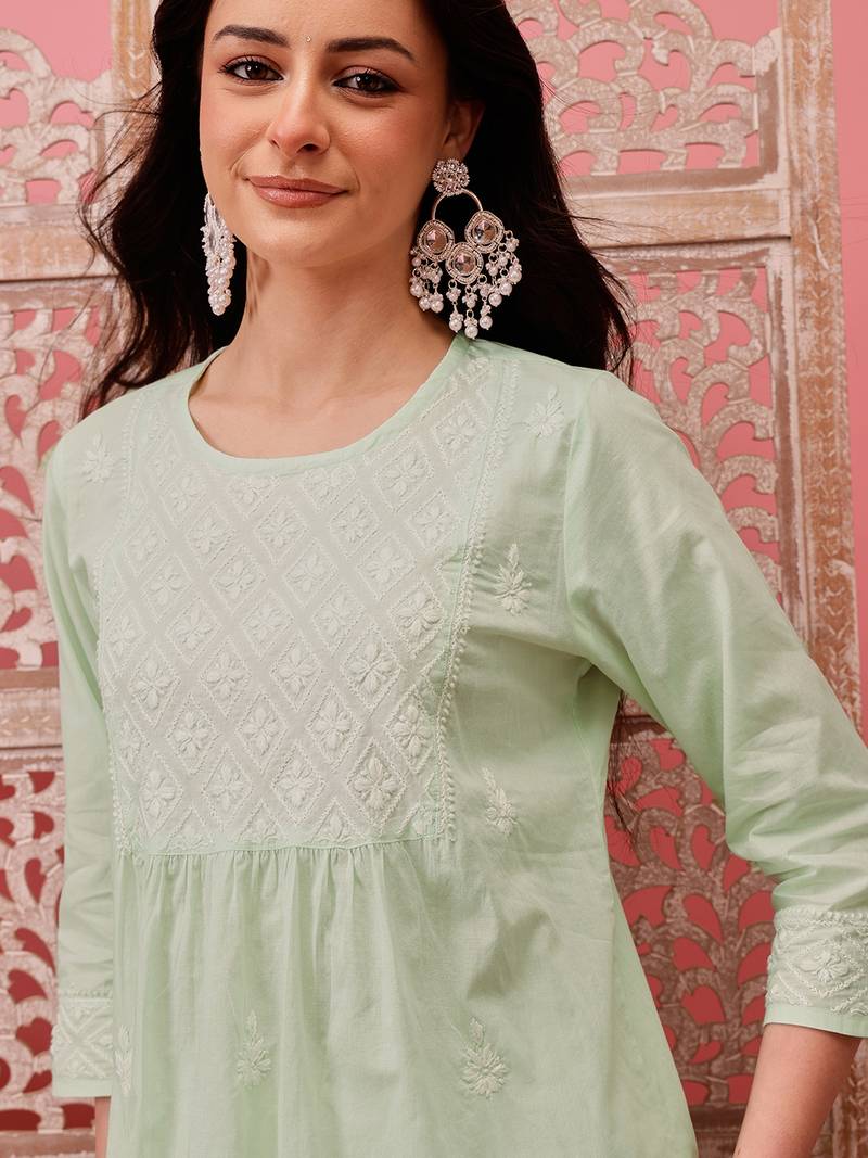 Hand embroidered green cotton lucknowi chikankari short kurti