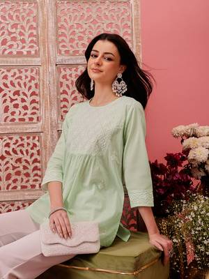Hand embroidered green cotton lucknowi chikankari short kurti 5