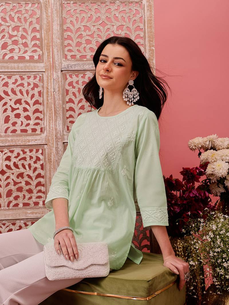 Hand embroidered green cotton lucknowi chikankari short kurti