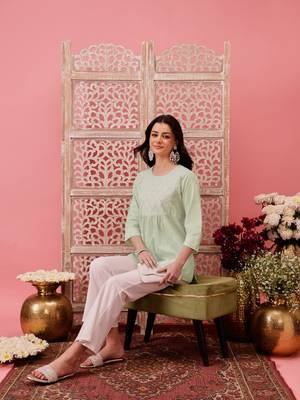 Hand embroidered green cotton lucknowi chikankari short kurti 6